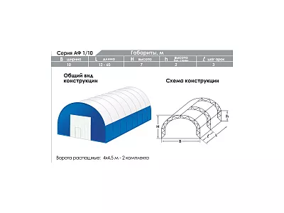 Габариты и схема каркасно-тентового ангара АФ 1/10